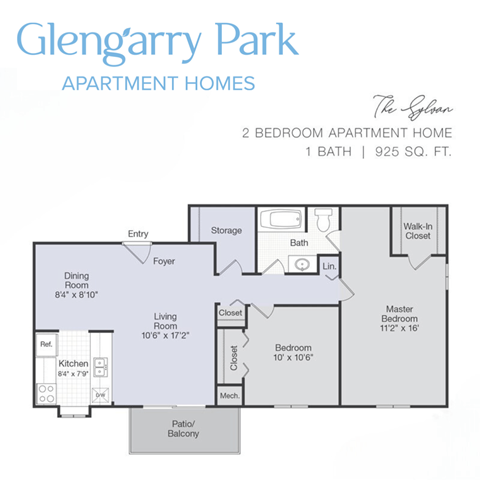 Floor plan for 2 beds, 1 bath, 925 sqft